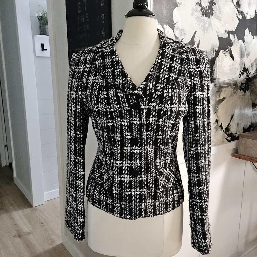 Worthington Black and White Plaid Tweed Blazer Coat Cropped 12